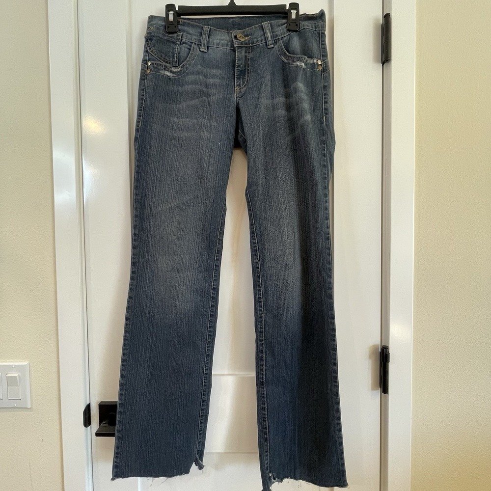 Women Jeans‎ Denim Sequins Distressed Raw Edge Boot Cut Mid Rise 14 L Puro Gold